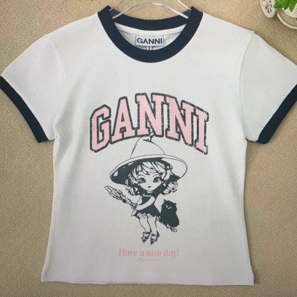 Ganni New letter beautiful Girl print round neck loose short sleeve shirt